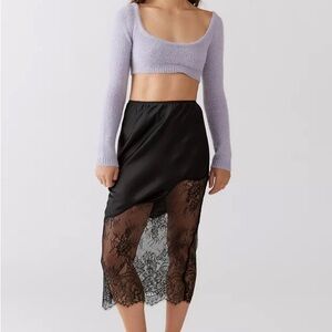 Urban Outfitters Celeste Black Satin Lace Midi Skirt